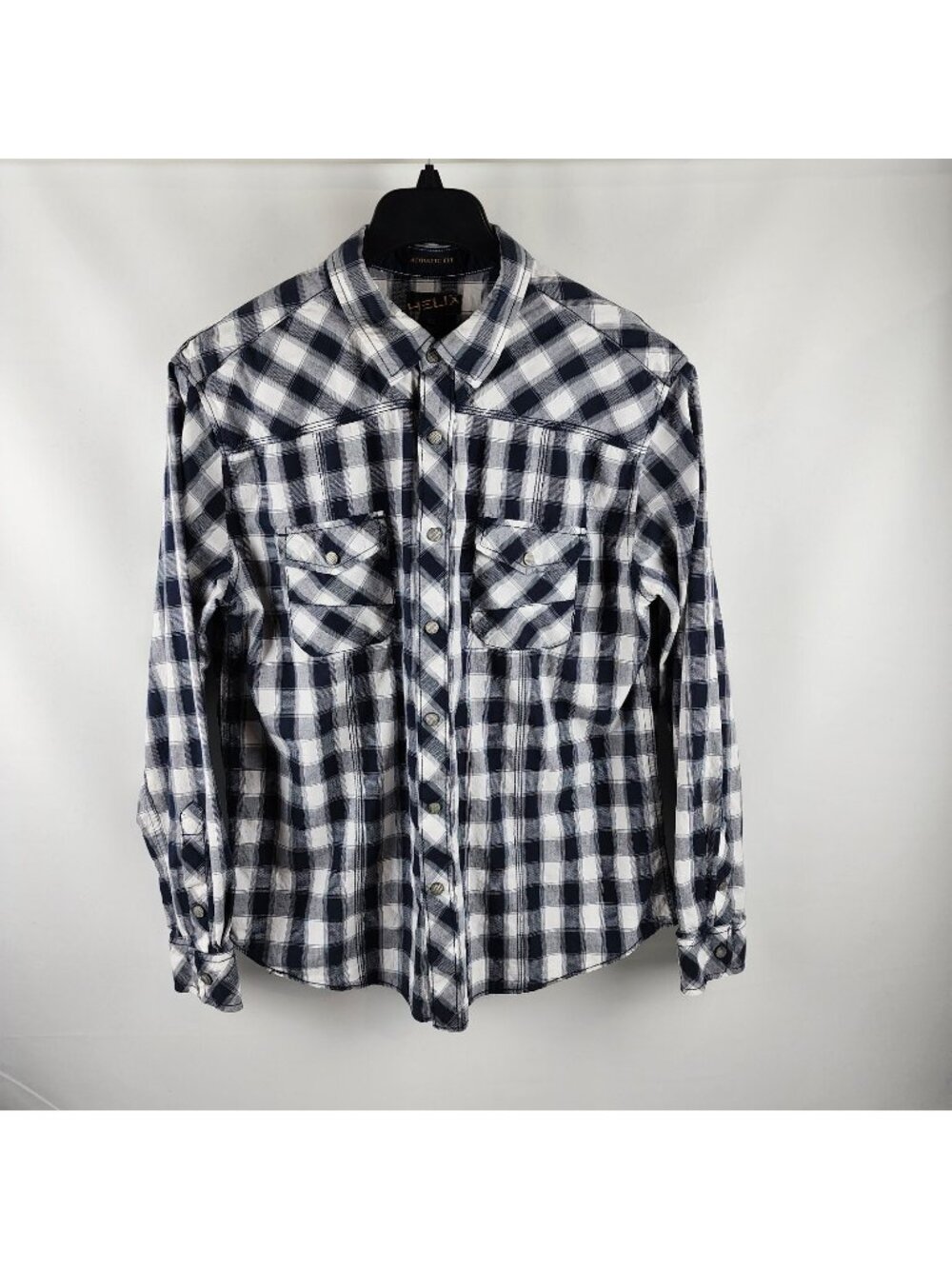 Helix Mens Button Down L/S Athletic Fit Western Snap Black White Shirt XL
